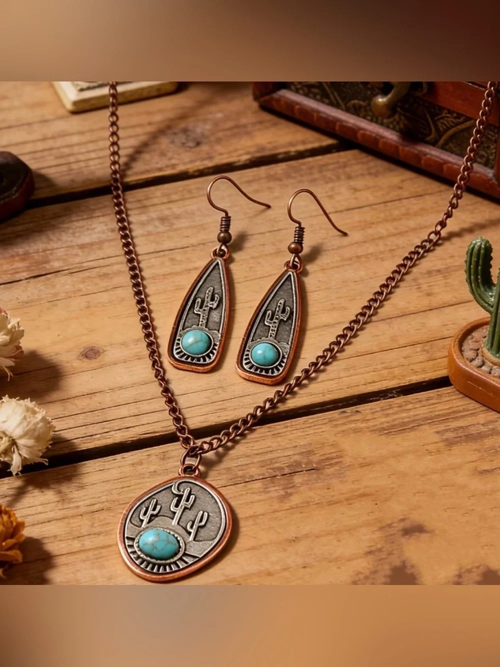Western Turquoise Stone Cactus Pendant Necklace & Earring Set - Copper Tone